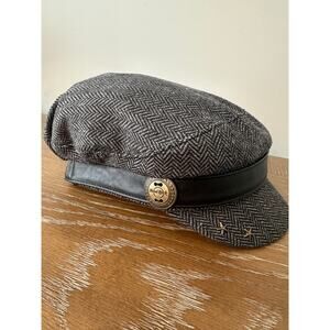 Hard Rock London Union Jack Herringbone Cap/ Newsboy Hat with Faux Leather Trim